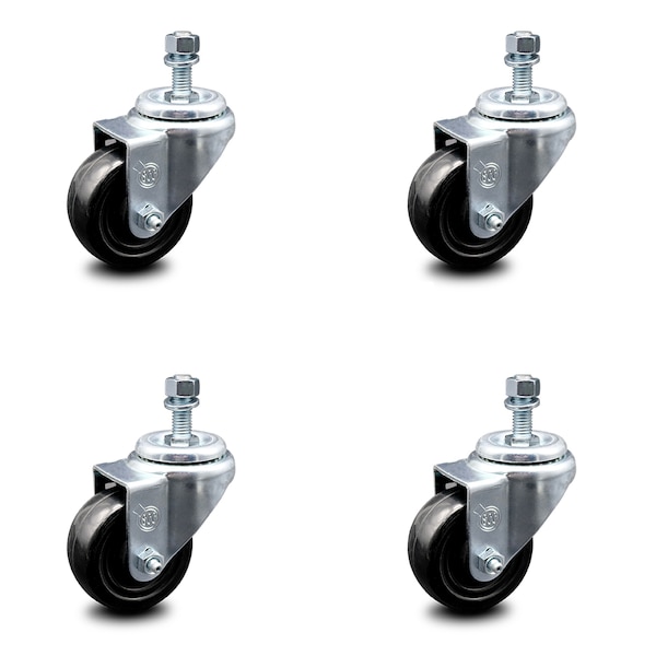 3 Inch Hard Rubber Wheel Swivel 3/8 Inch Threaded Stem Caster Set